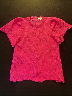 Jade Melody Tam Lace Floral Short-Sleeve Blouse in Hot Pink